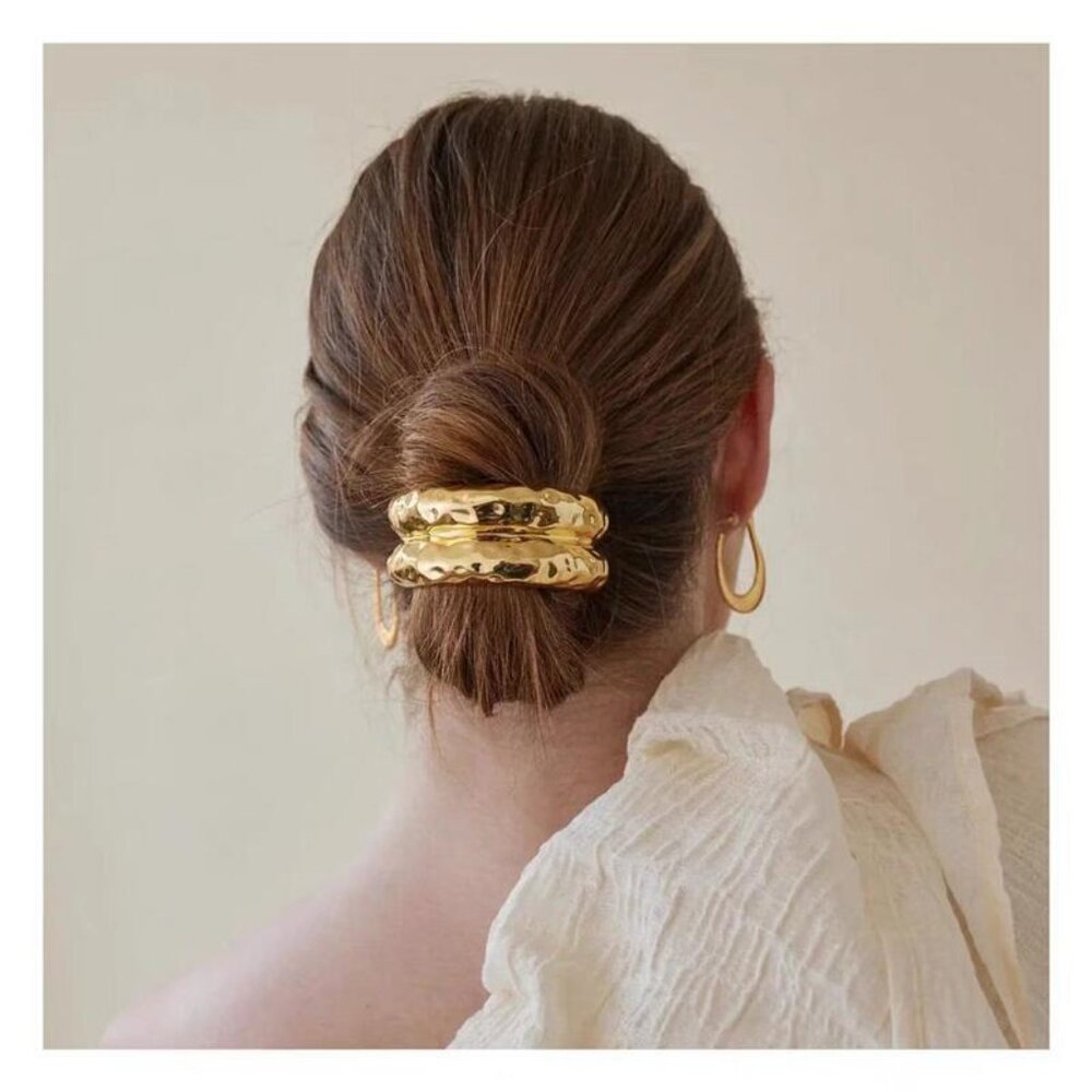 18K Gold Plated Double Arch Layer Hair Cuff Sculptural Statement Ponytail Tie - Picture 2 of 5